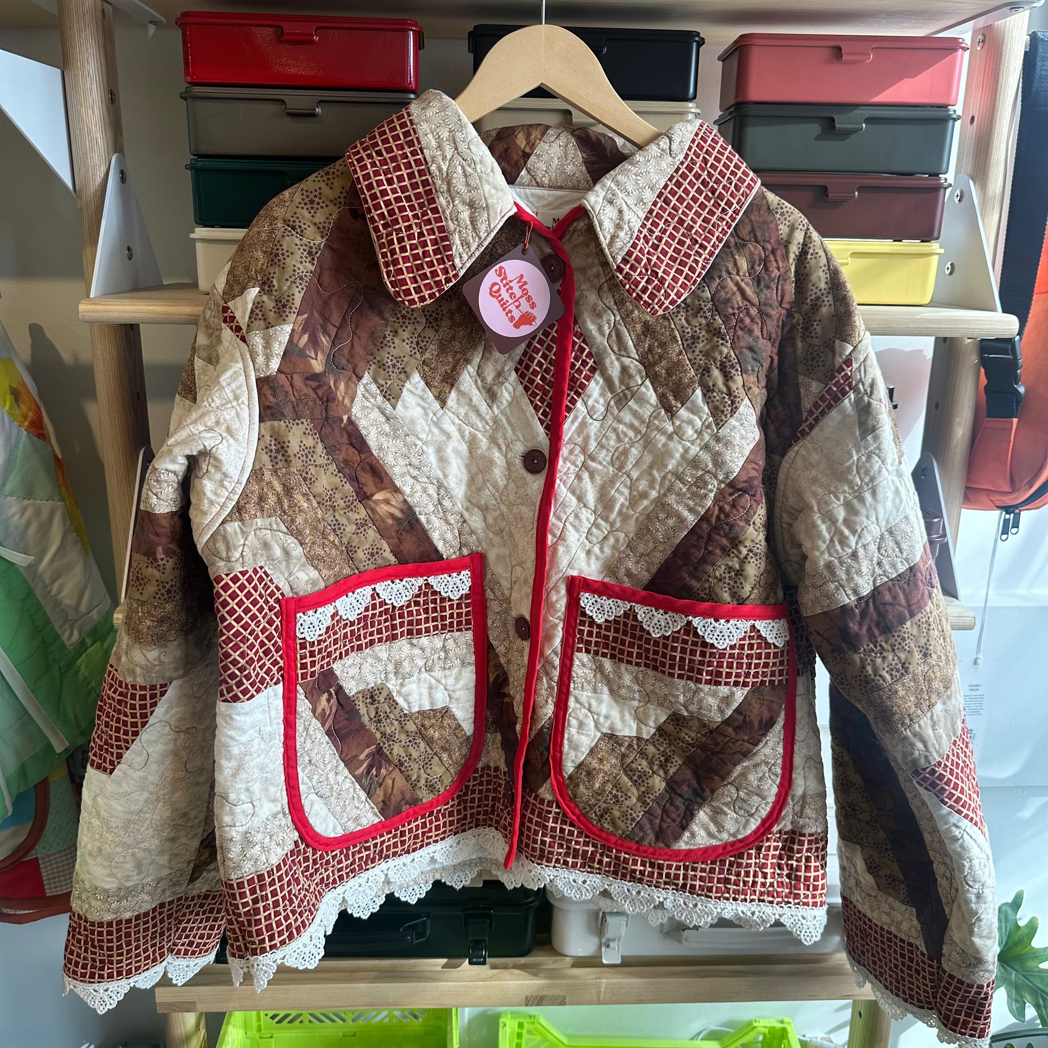 Brown and Red Quilted Jacket | S/M