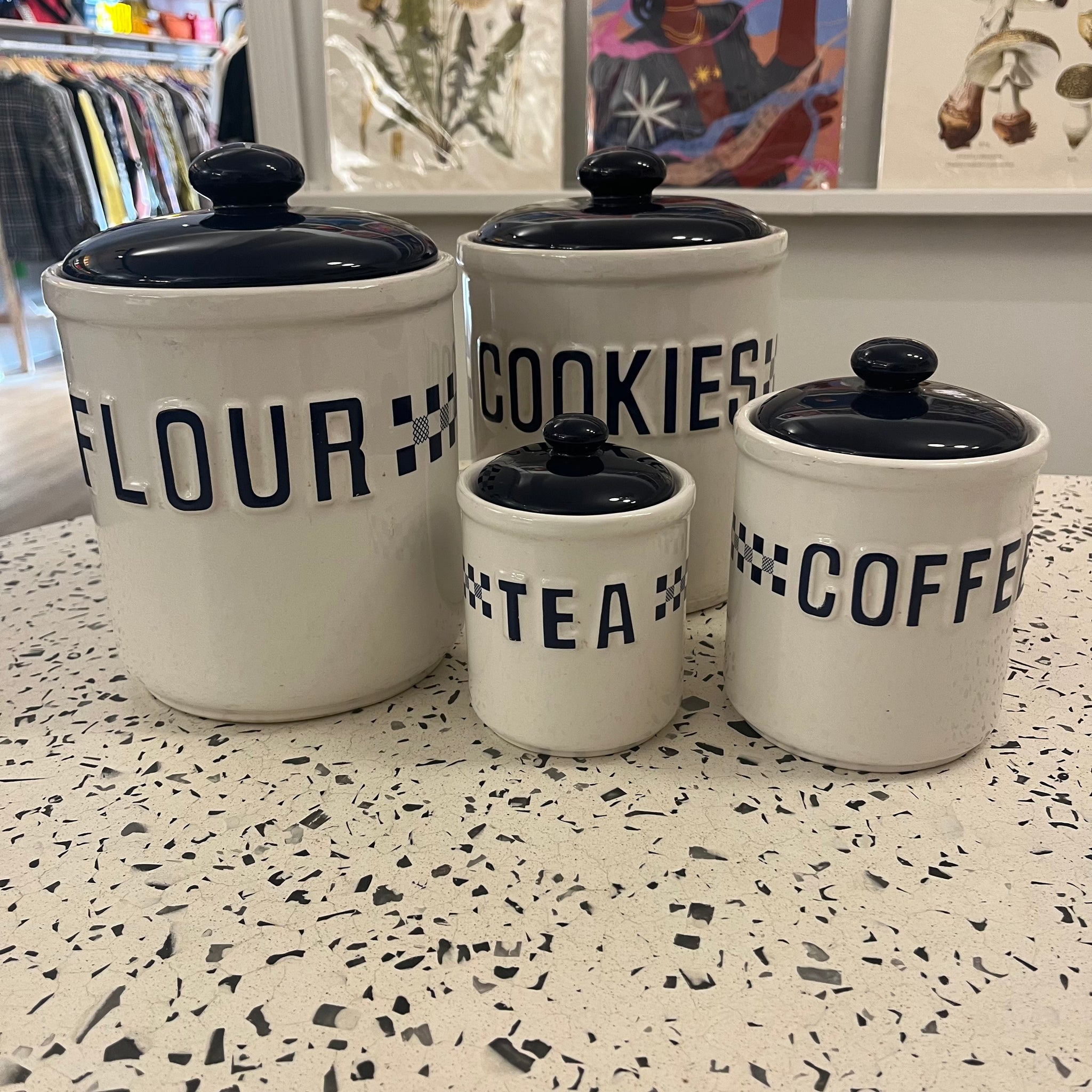 Navy Checkered Ceramic Jars | Set of 4