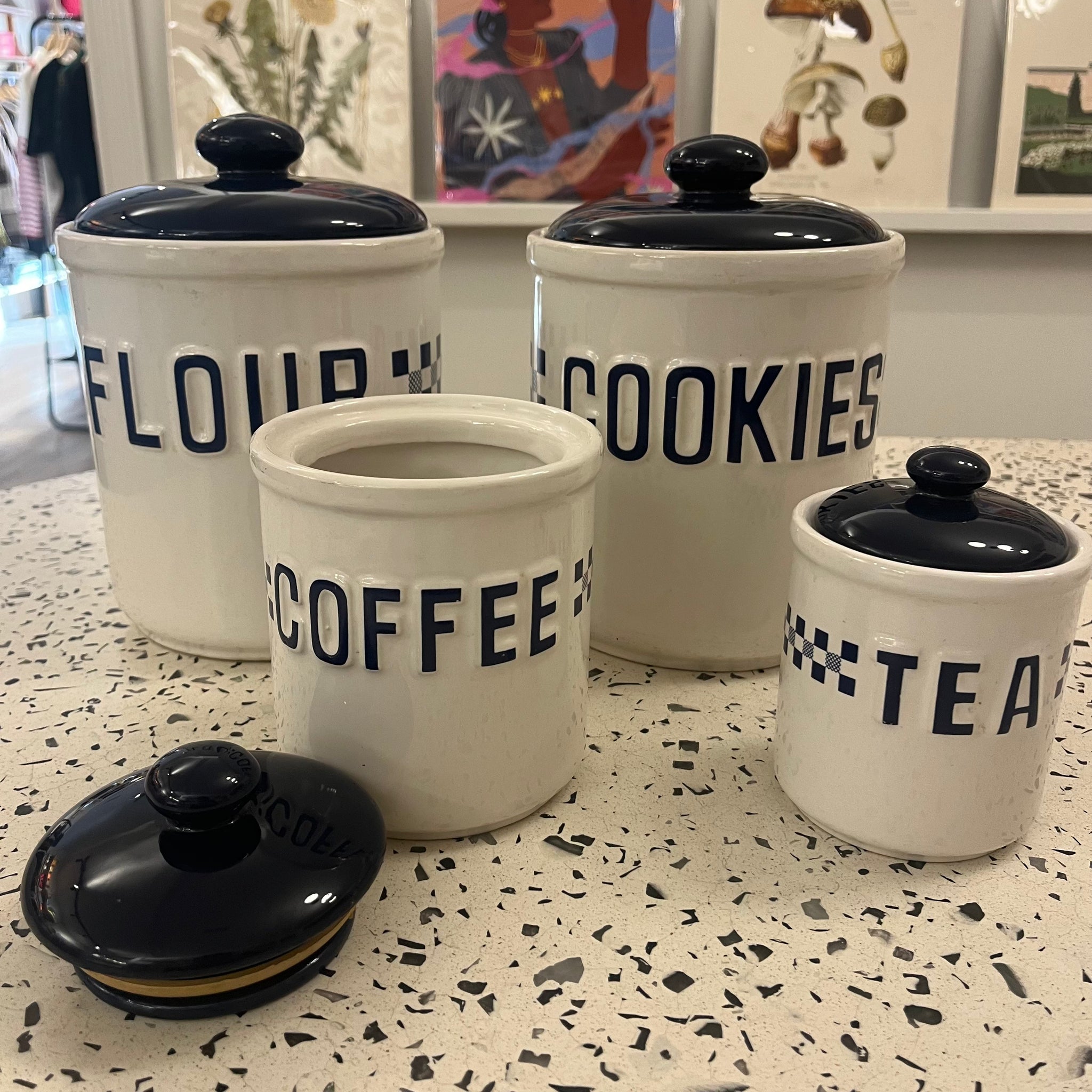 Navy Checkered Ceramic Jars | Set of 4