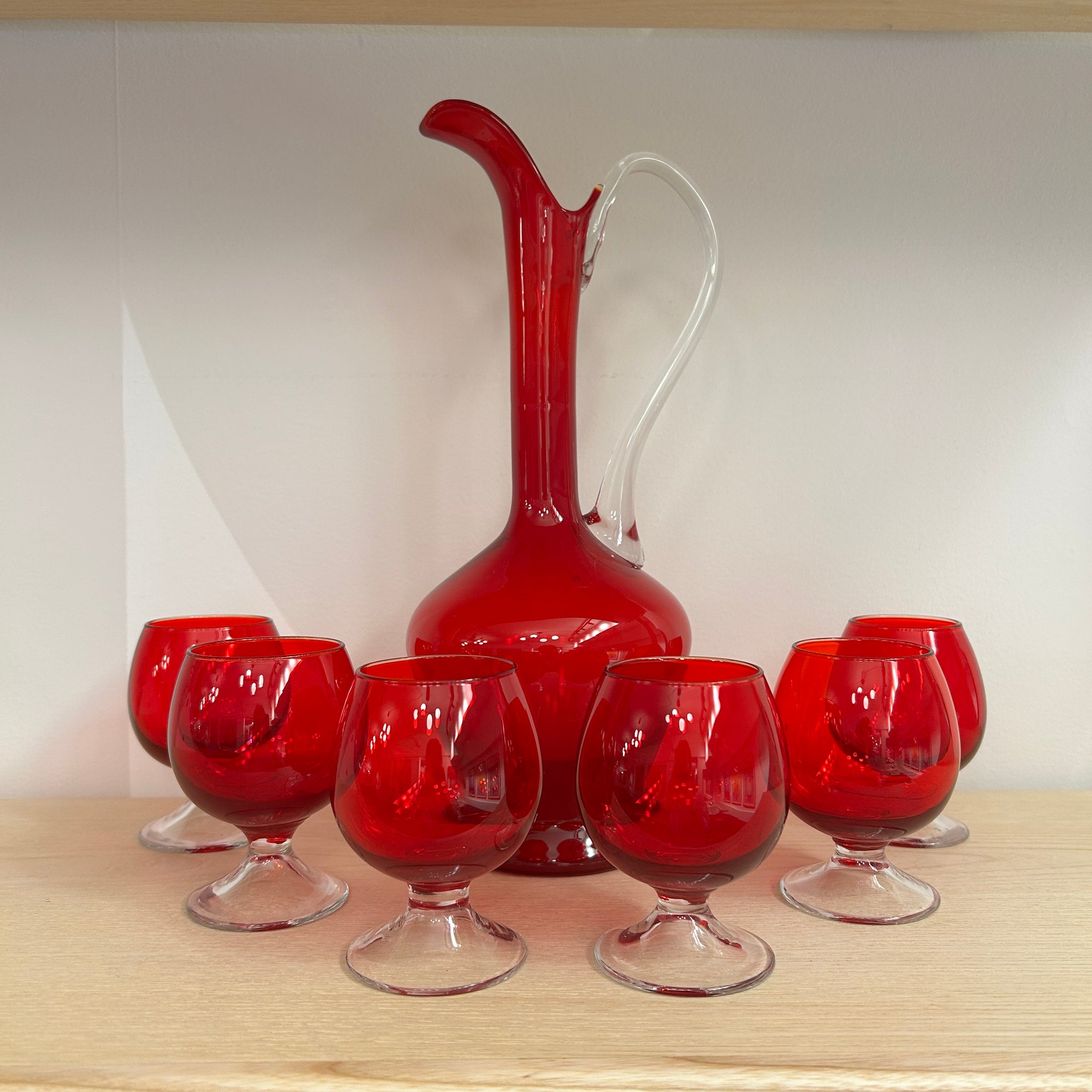 Hand Blown Murano Ruby Glass & Pitcher Set | Set of 7