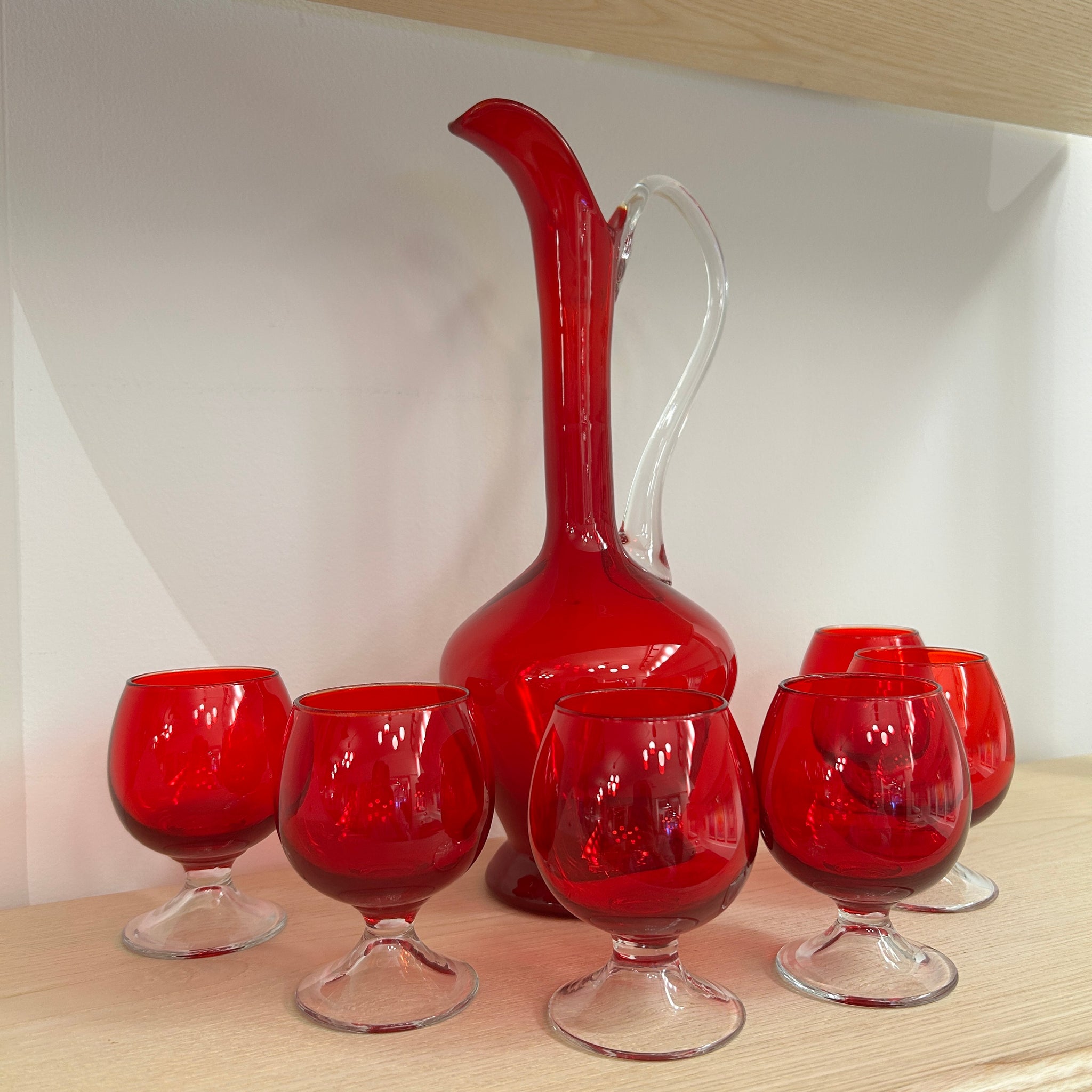 Hand Blown Murano Ruby Glass & Pitcher Set | Set of 7