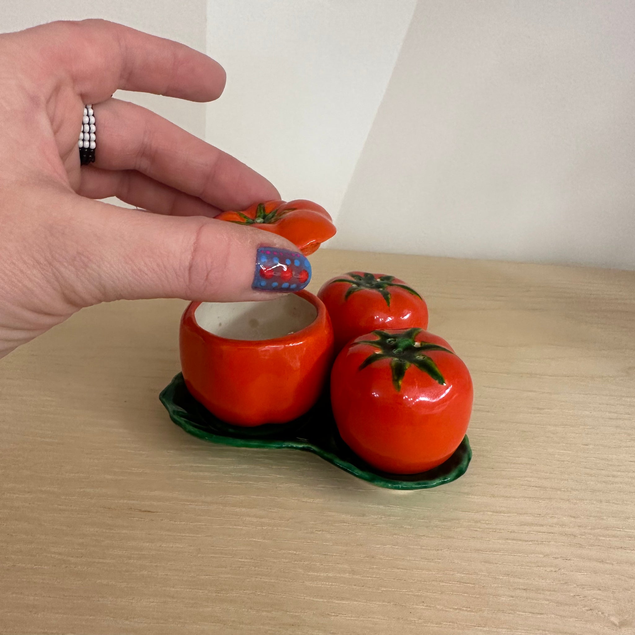 Tomato Salt & Pepper Shakers with Sugar Dish